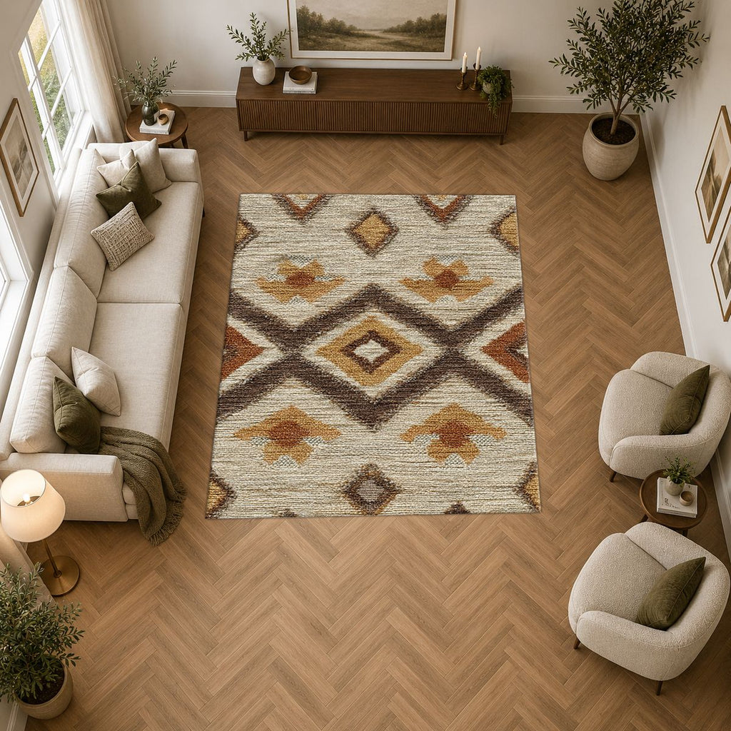 Beige and Brown Aztec Diamond printed area rug