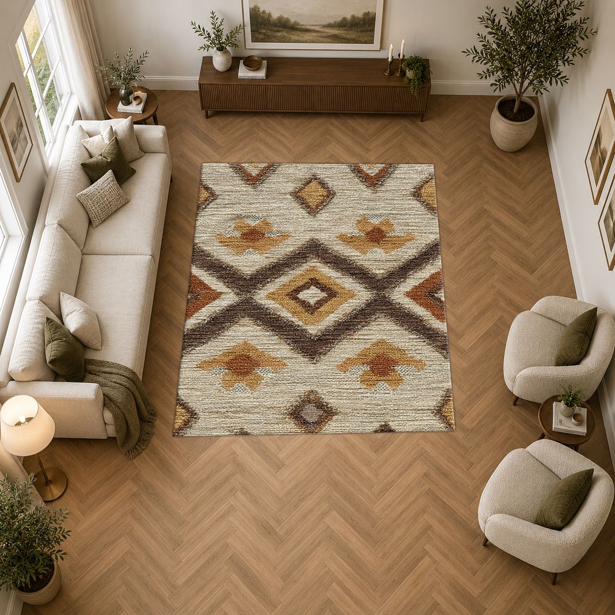 Beige and Brown Aztec Diamond printed area rug