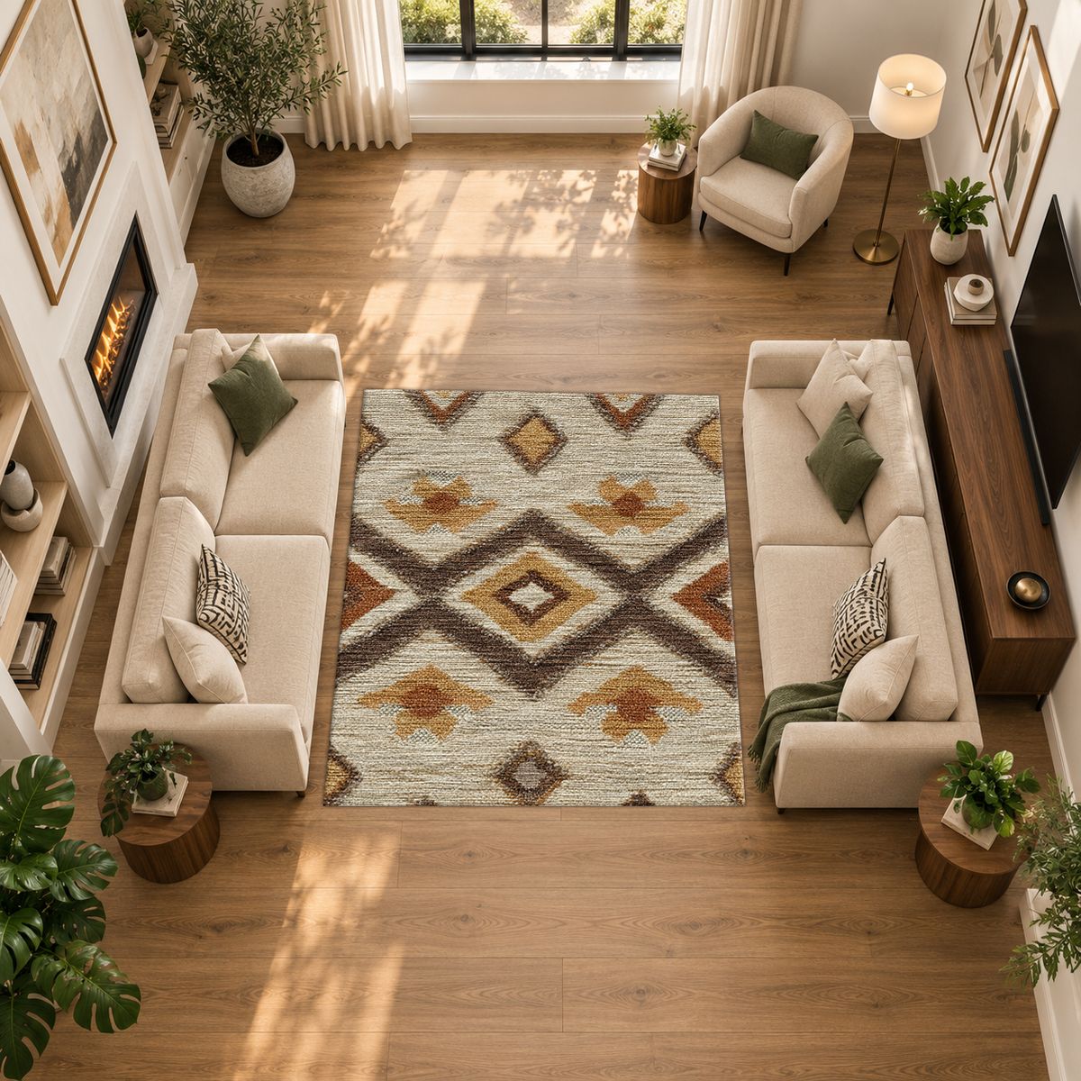 Beige and Brown Aztec Diamond printed area rug