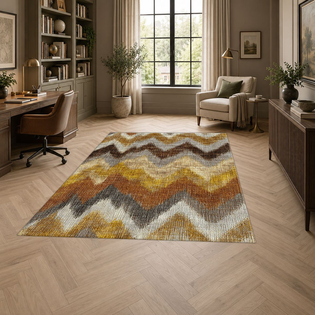 Mustard and Brown Chevron Ikat printed area rug
