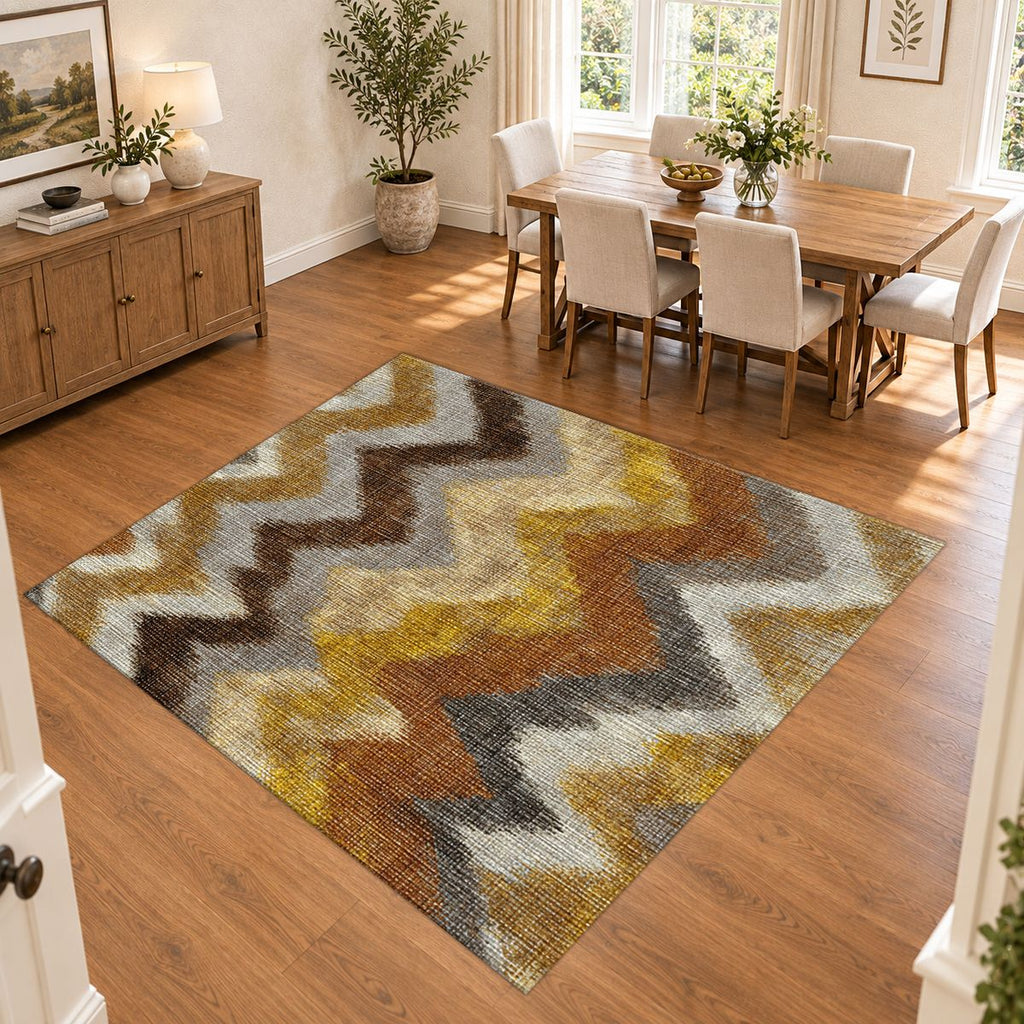 Mustard and Brown Chevron Ikat printed area rug