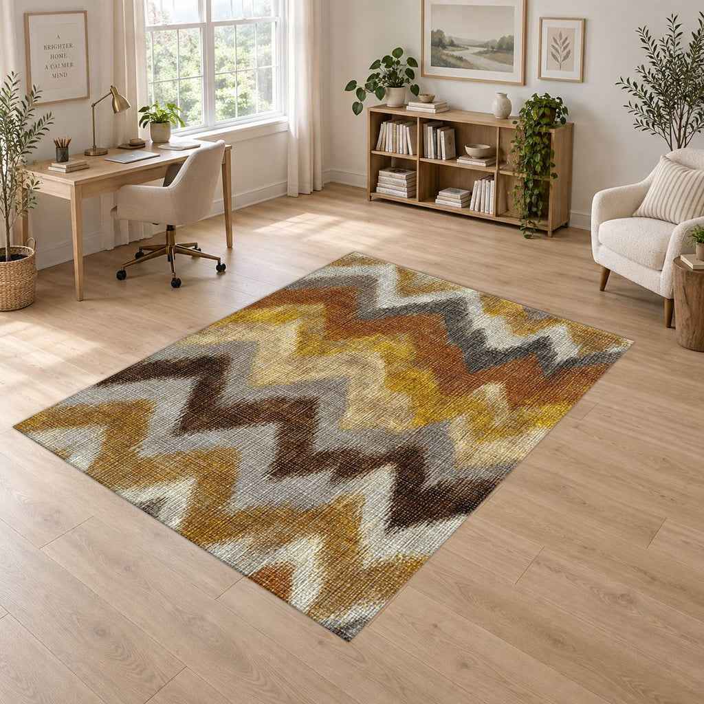Mustard and Brown Chevron Ikat printed area rug
