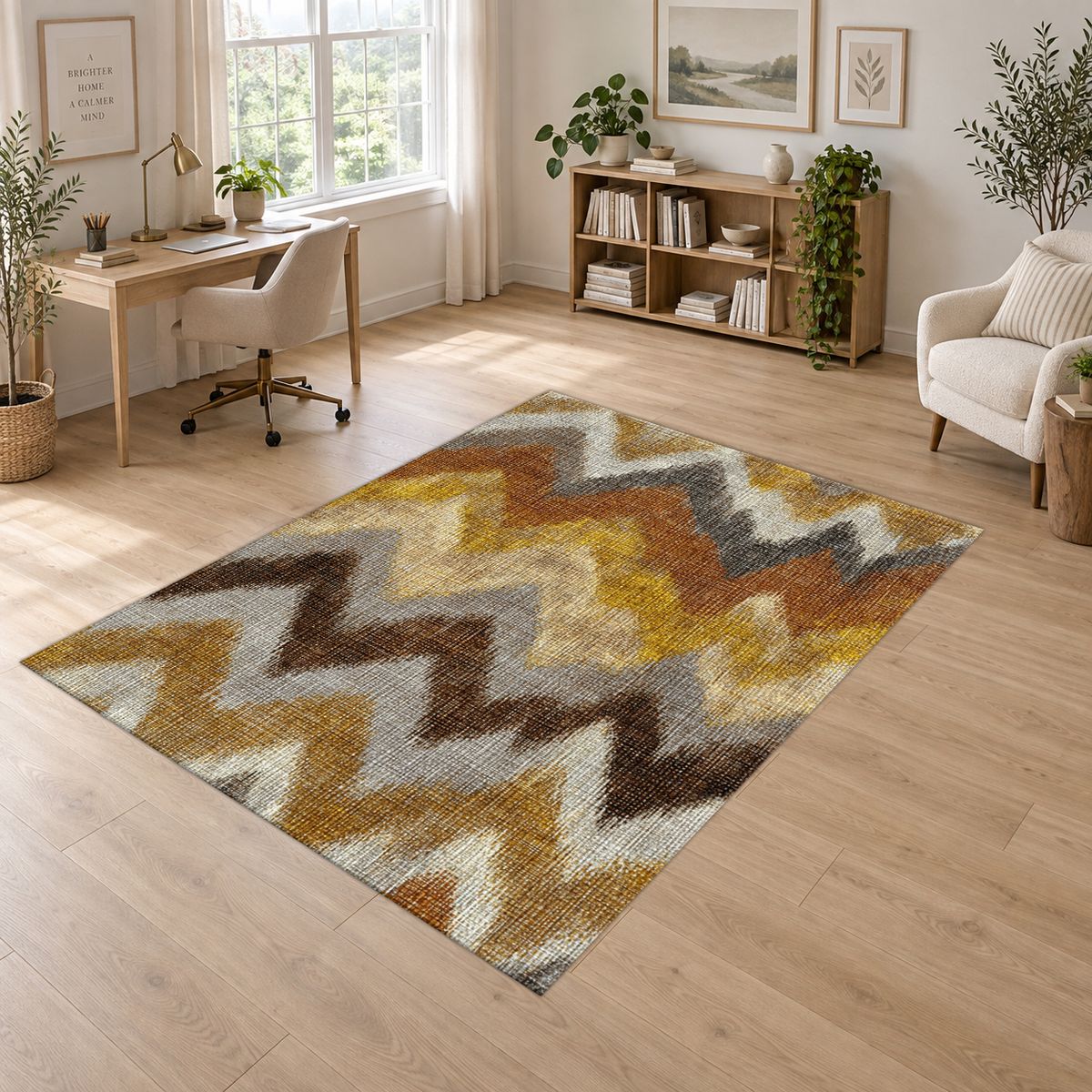 Mustard and Brown Chevron Ikat printed area rug