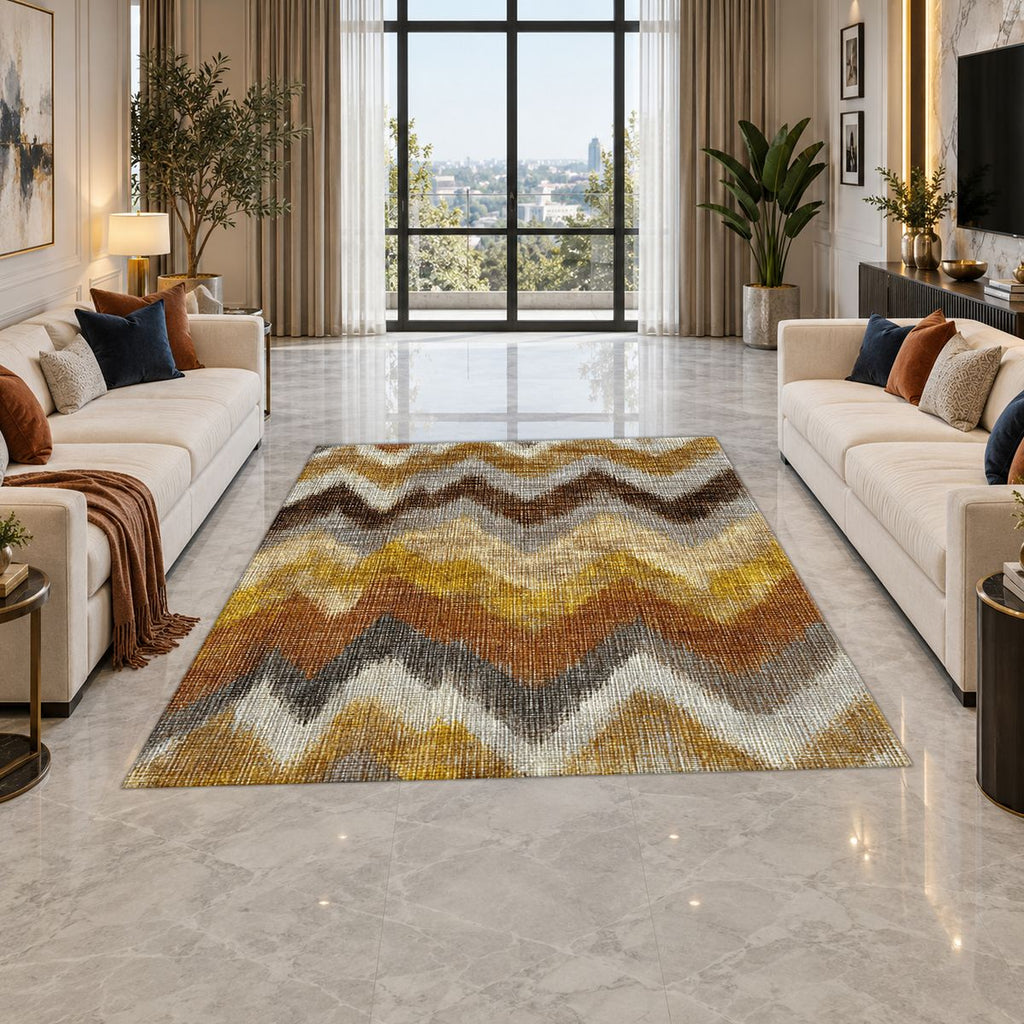 Mustard and Brown Chevron Ikat printed area rug