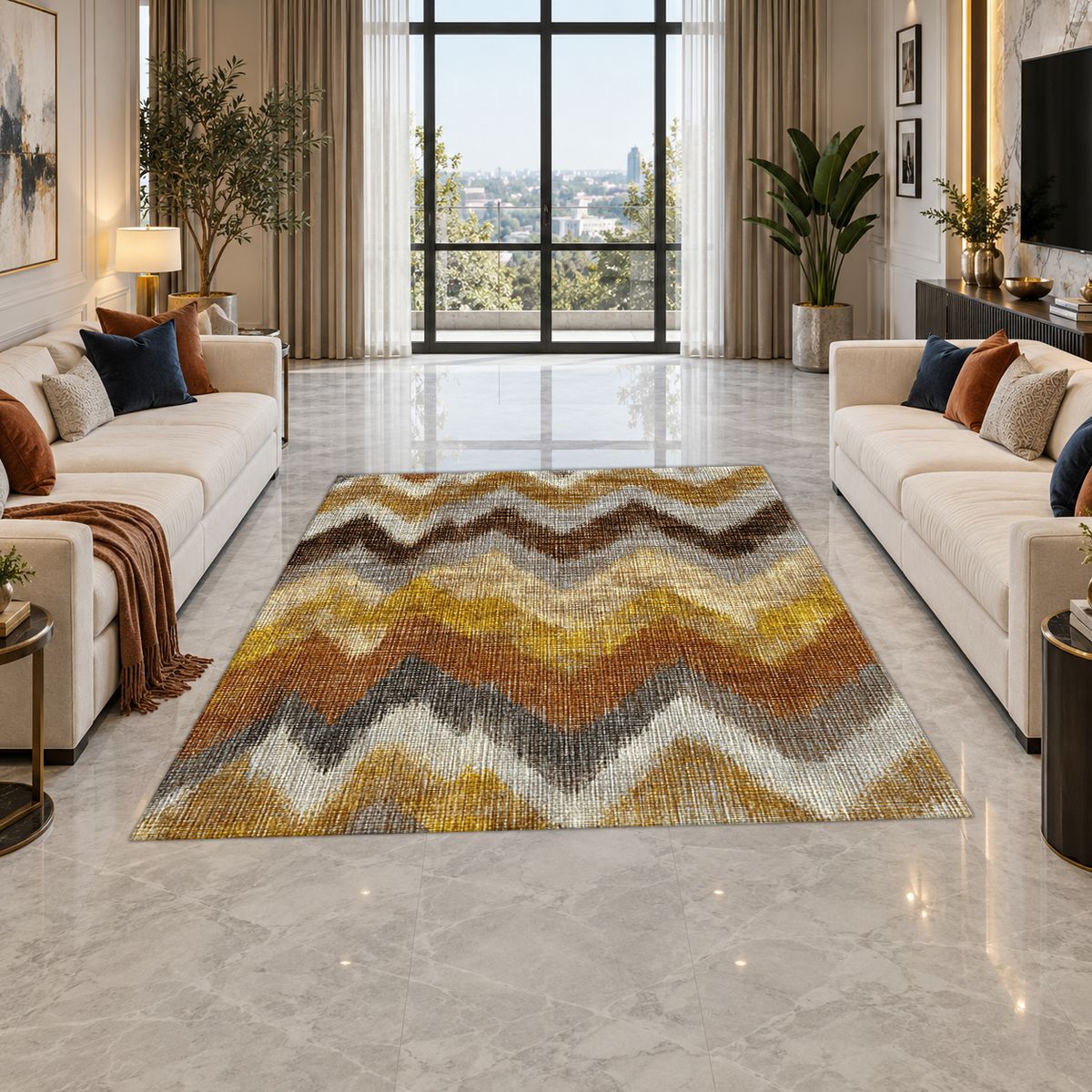 Mustard and Brown Chevron Ikat printed area rug