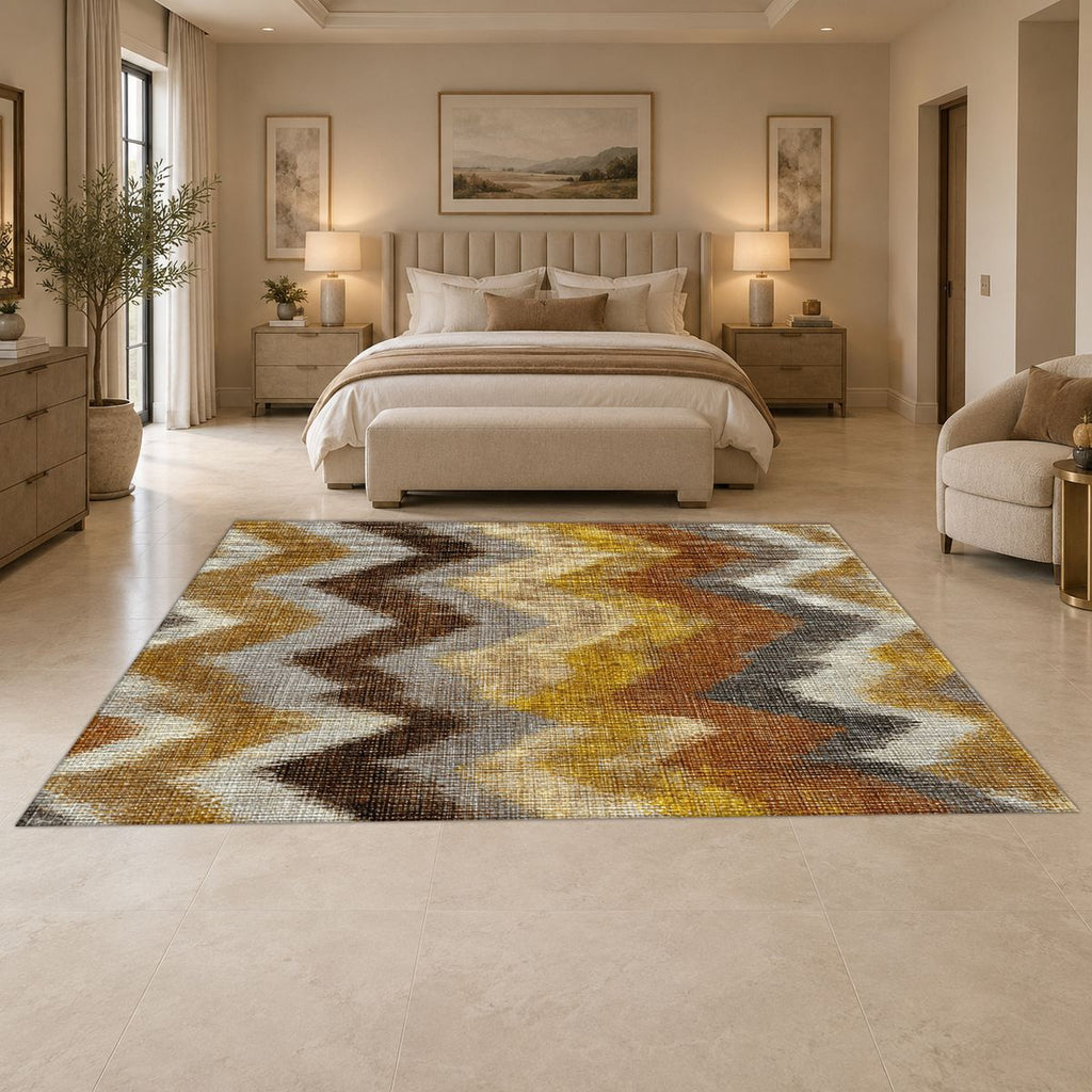 Mustard and Brown Chevron Ikat printed area rug