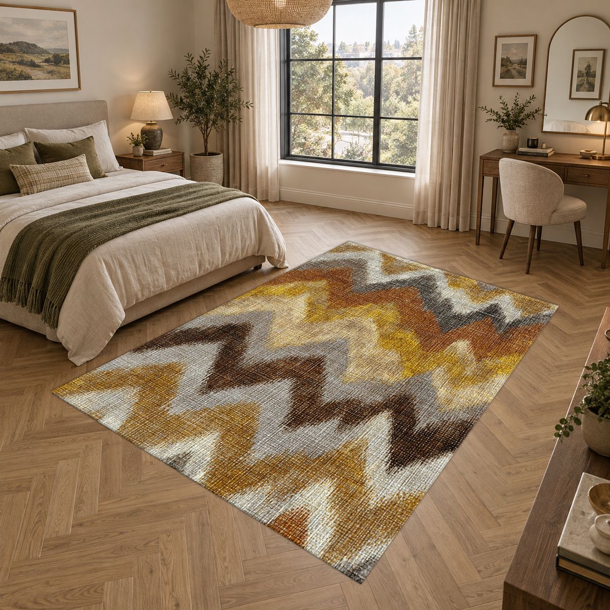 Mustard and Brown Chevron Ikat printed area rug