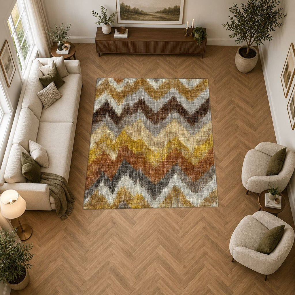 Mustard and Brown Chevron Ikat printed area rug