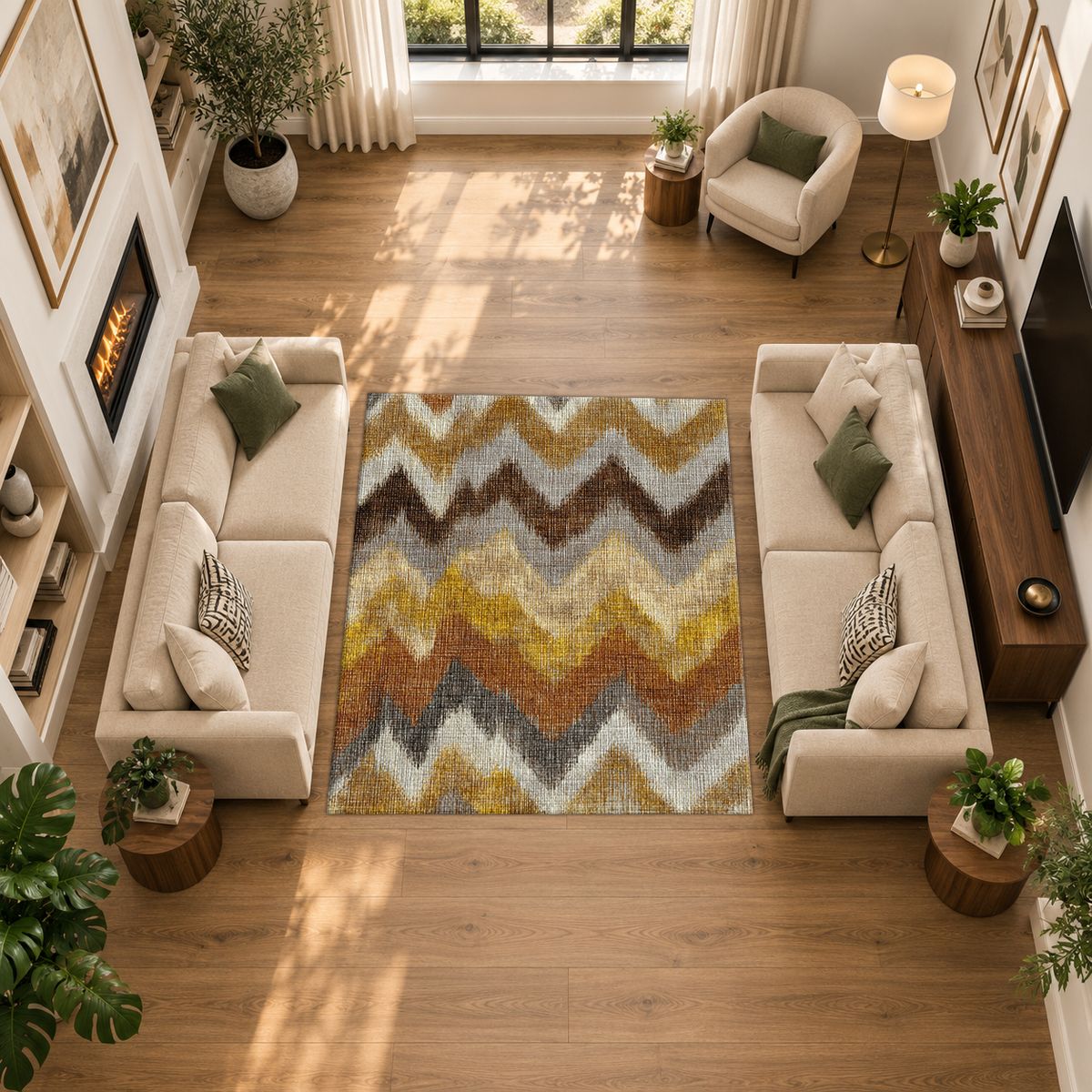 Mustard and Brown Chevron Ikat printed area rug