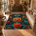 Teal and Orange Hexagon Floral printed area rug