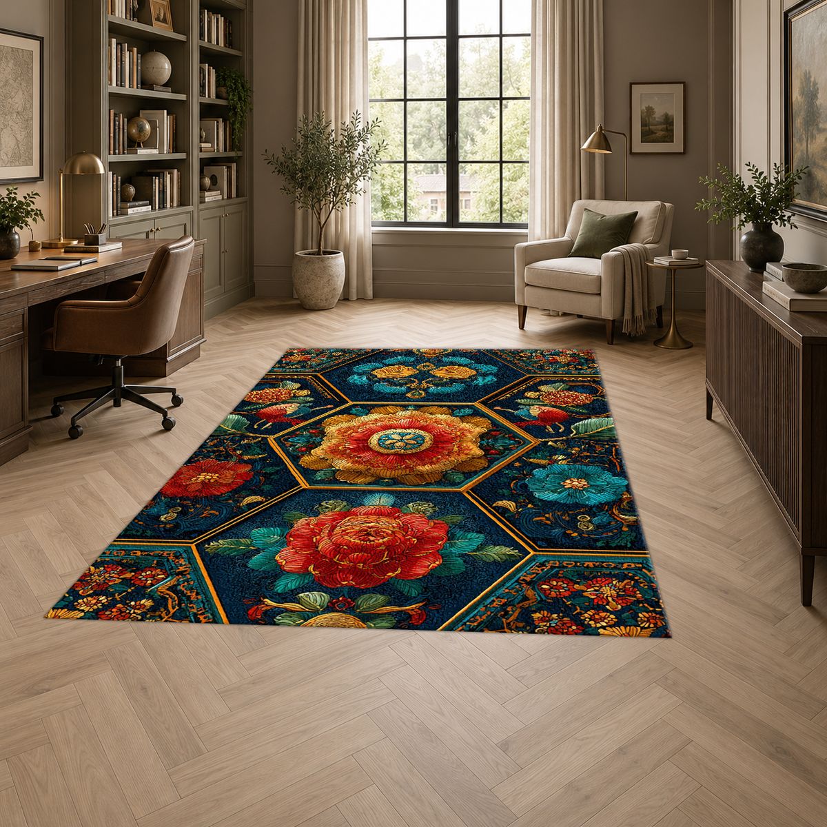 Teal and Orange Hexagon Floral printed area rug