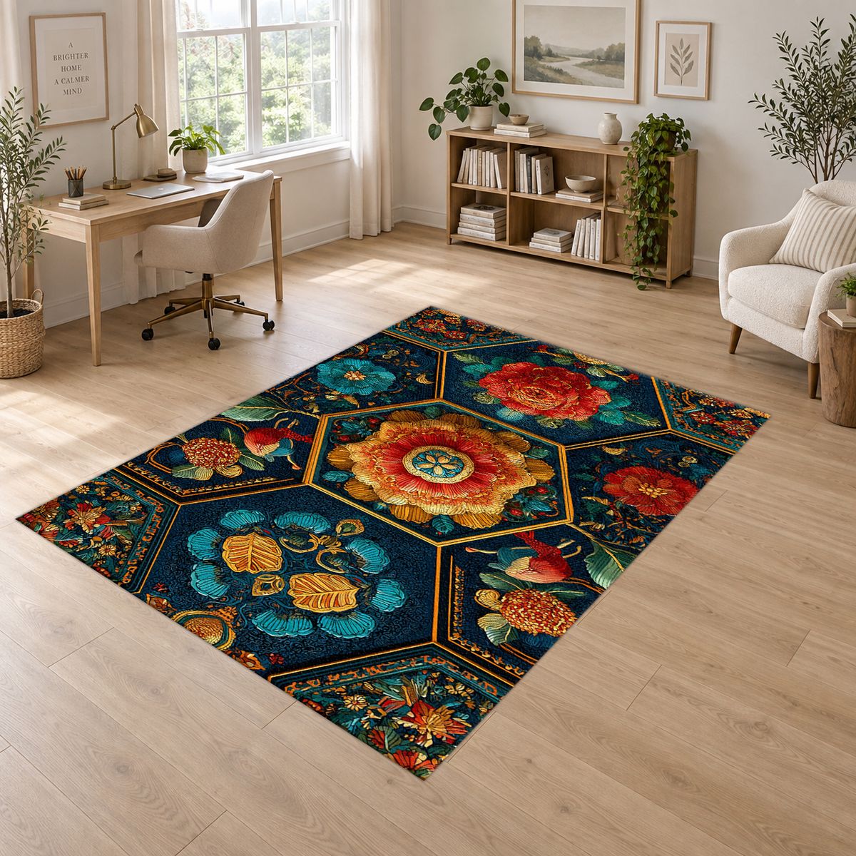 Teal and Orange Hexagon Floral printed area rug