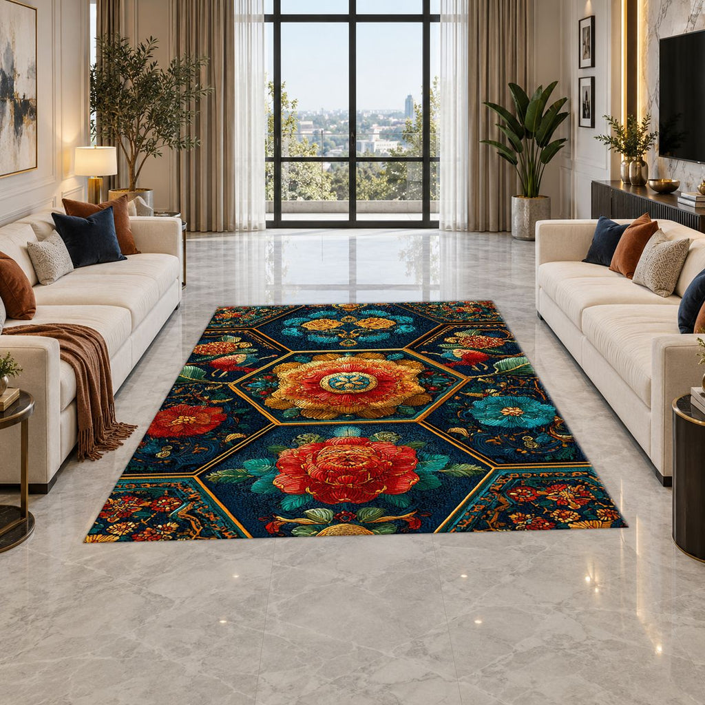 Teal and Orange Hexagon Floral printed area rug