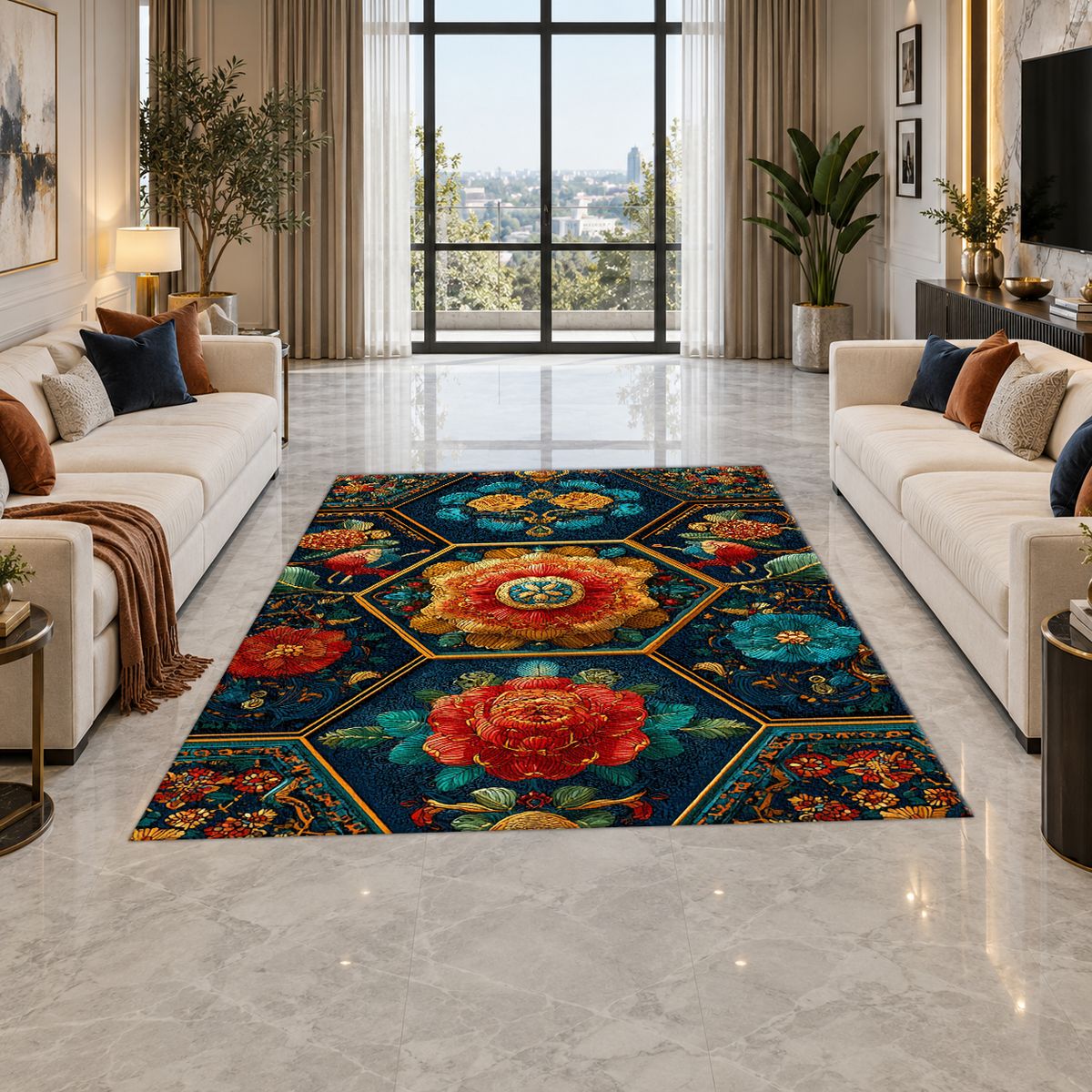 Teal and Orange Hexagon Floral printed area rug