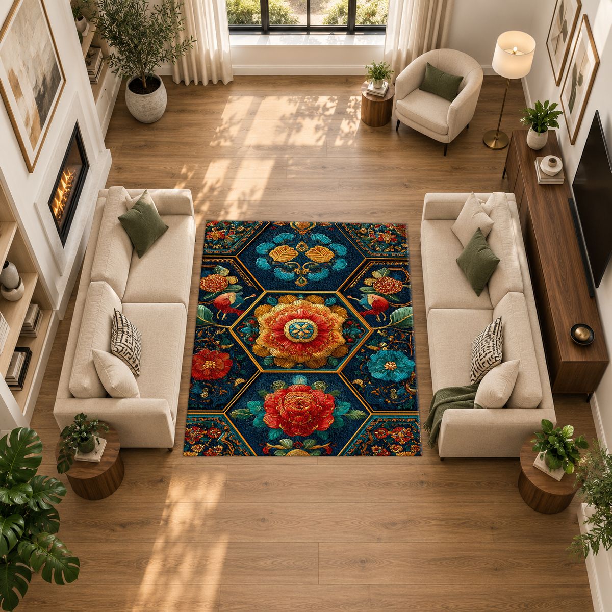 Teal and Orange Hexagon Floral printed area rug