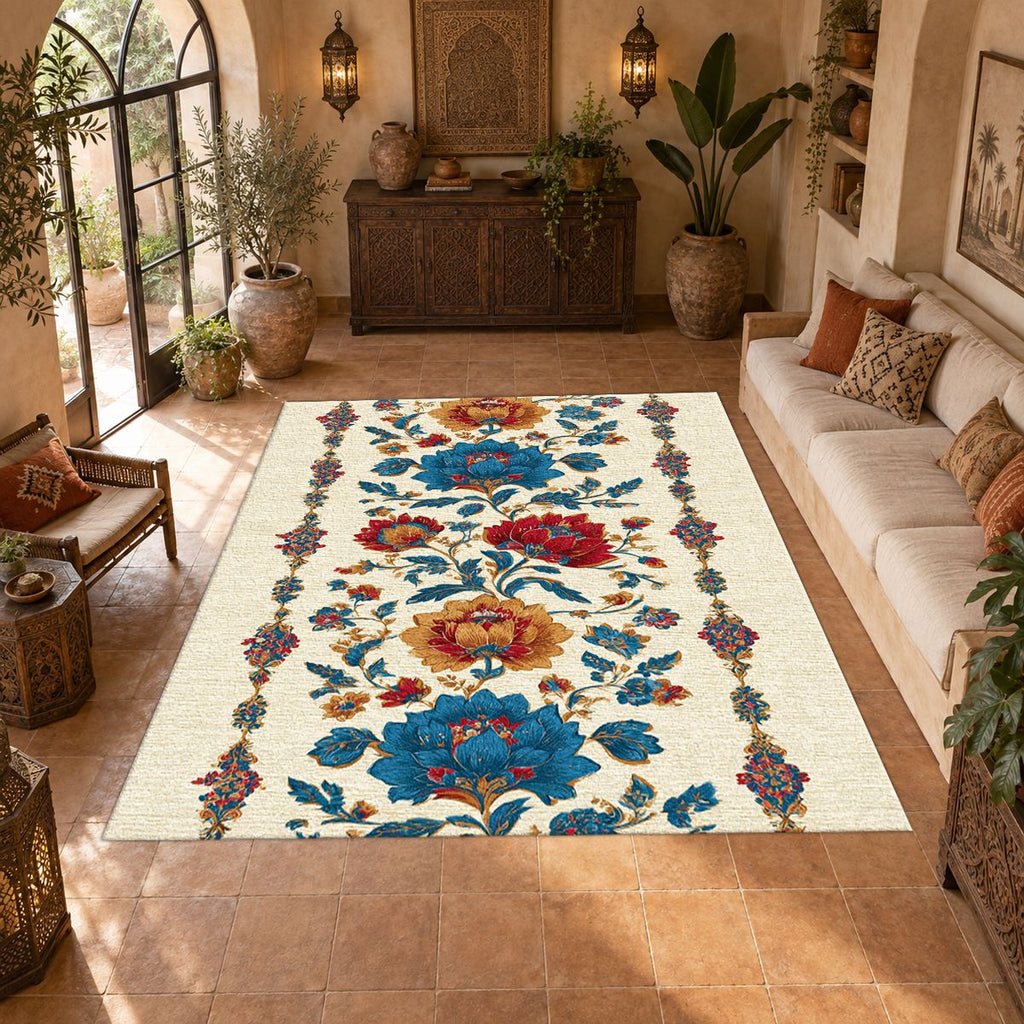 Cream Folk Floral Vine printed area rug