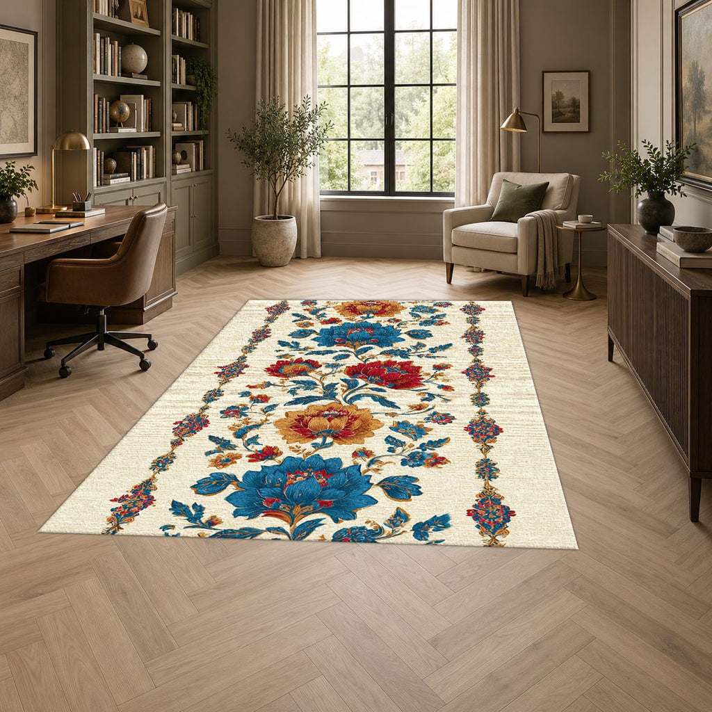 Cream Folk Floral Vine printed area rug