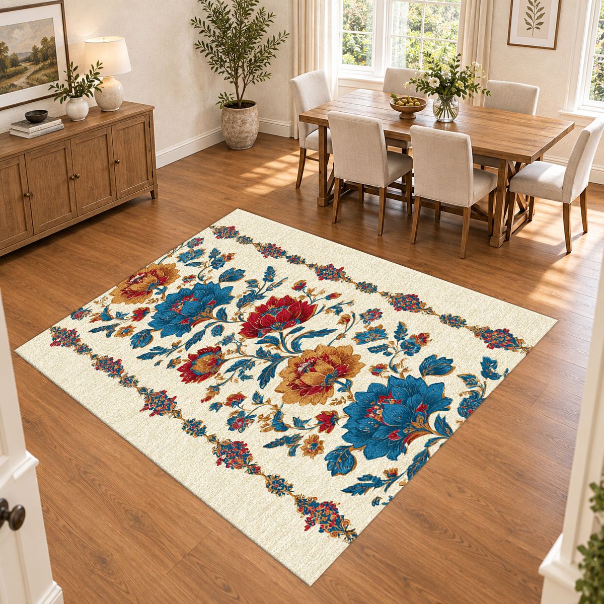 Cream Folk Floral Vine printed area rug
