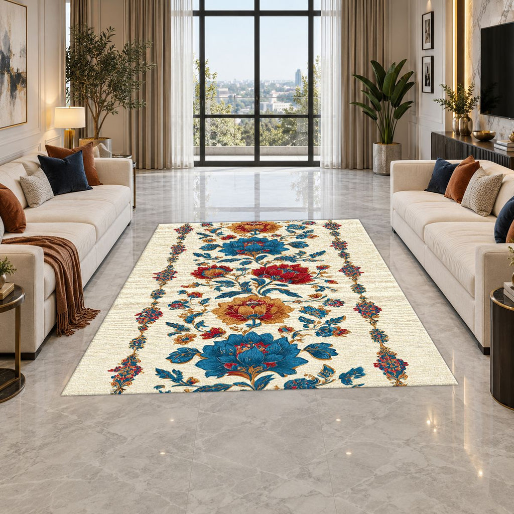 Cream Folk Floral Vine printed area rug