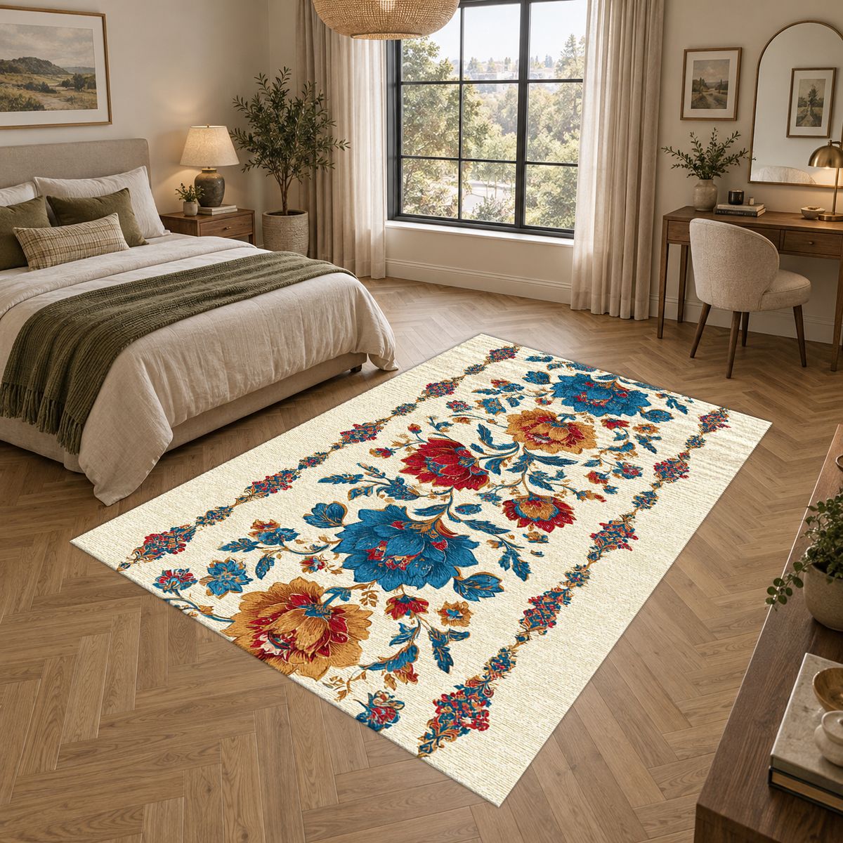 Cream Folk Floral Vine printed area rug