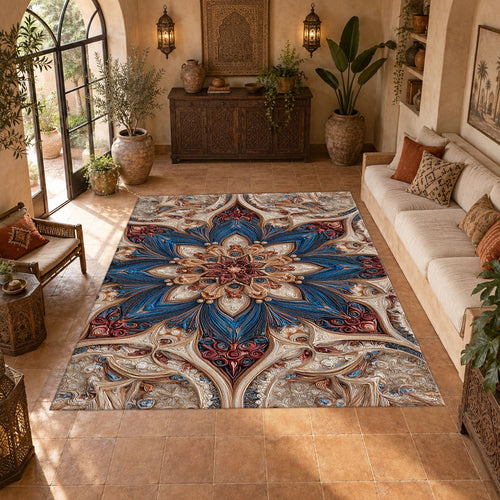 Blue and Blush Star Medallion printed area rug