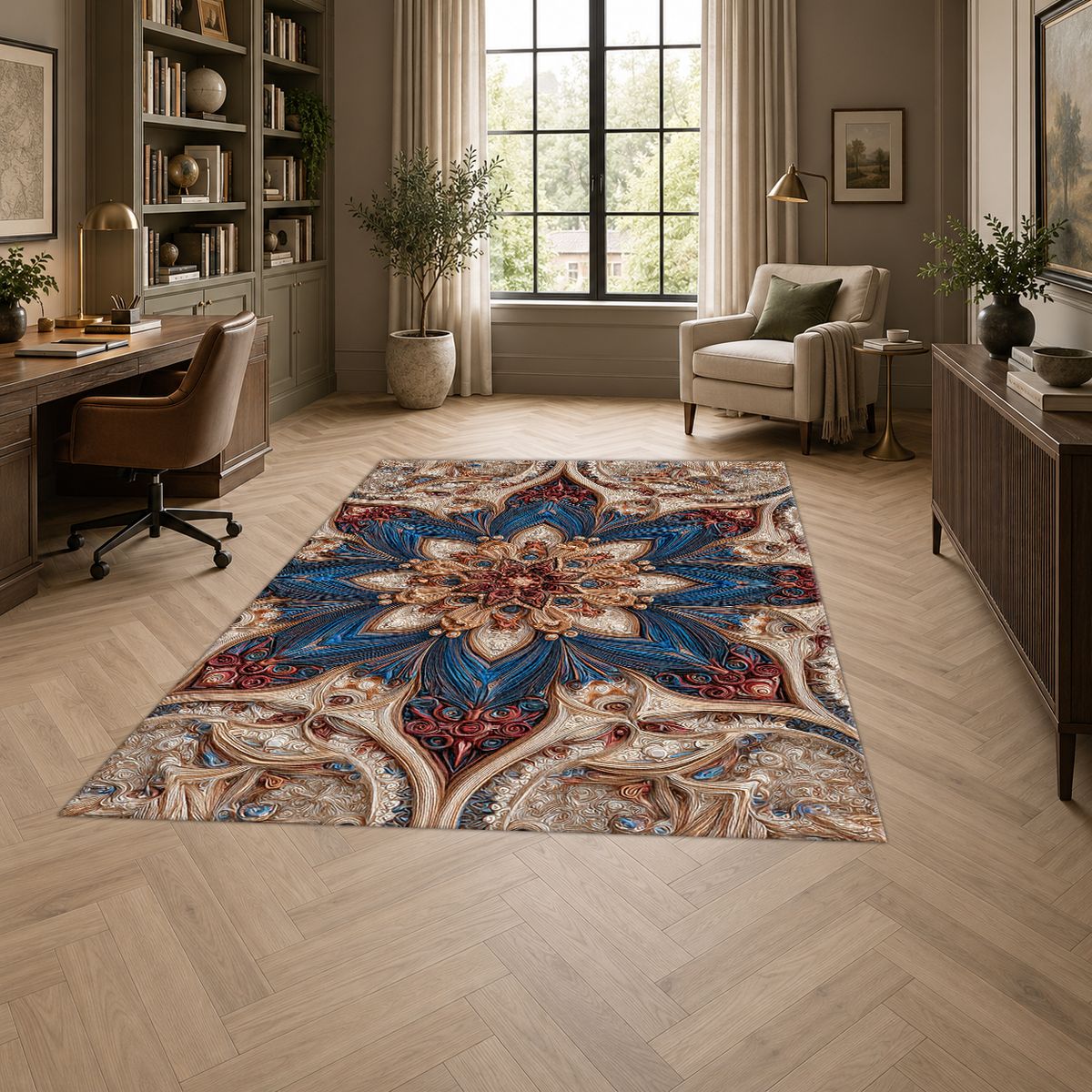 Blue and Blush Star Medallion printed area rug