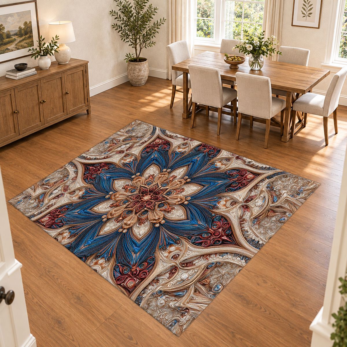 Blue and Blush Star Medallion printed area rug
