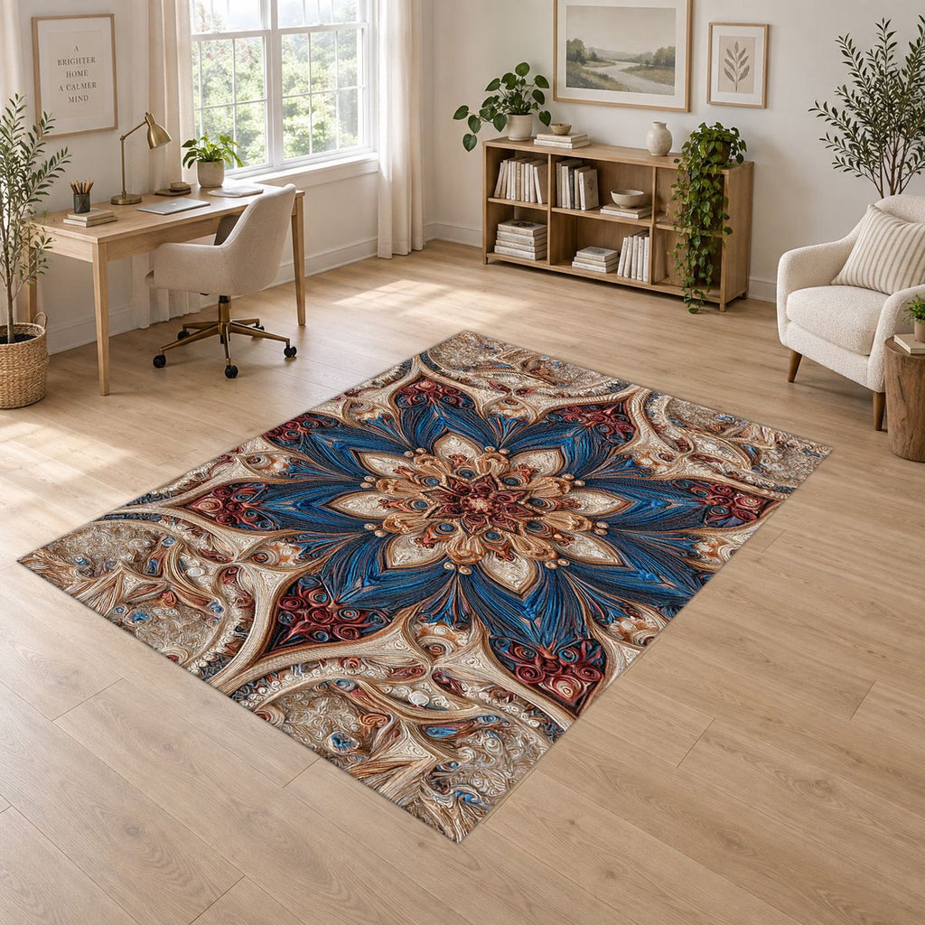 Blue and Blush Star Medallion printed area rug