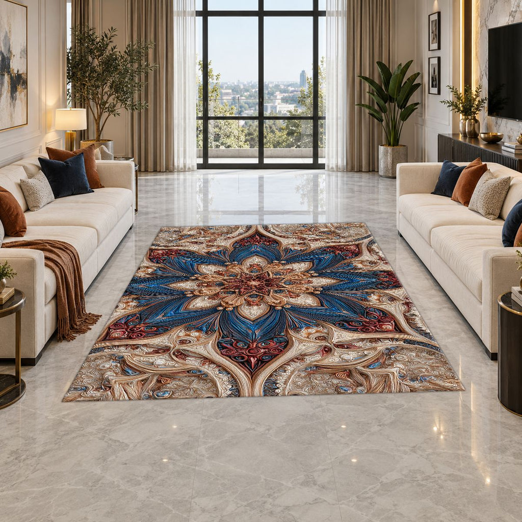 Blue and Blush Star Medallion printed area rug