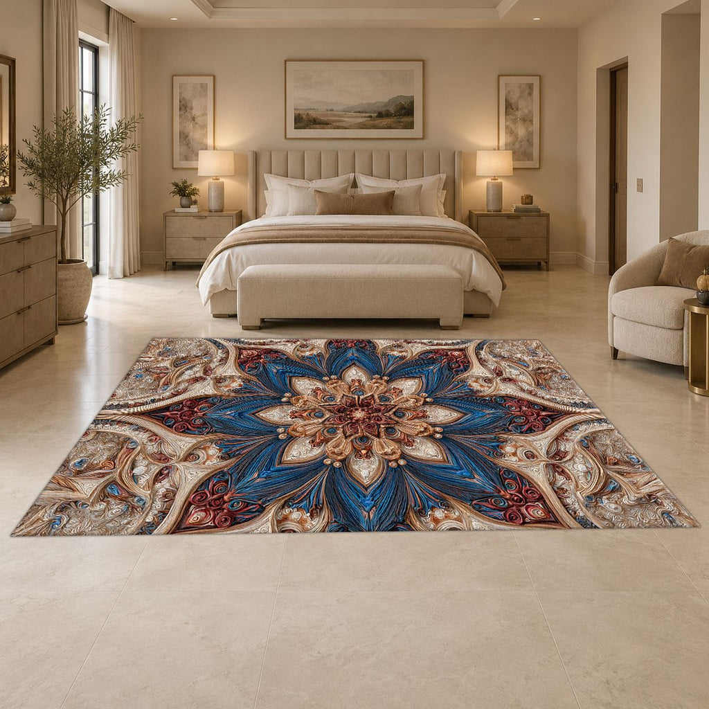 Blue and Blush Star Medallion printed area rug