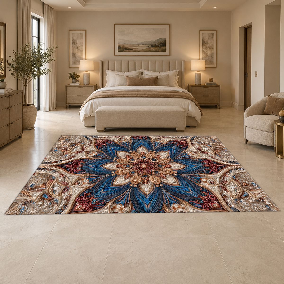 Blue and Blush Star Medallion printed area rug