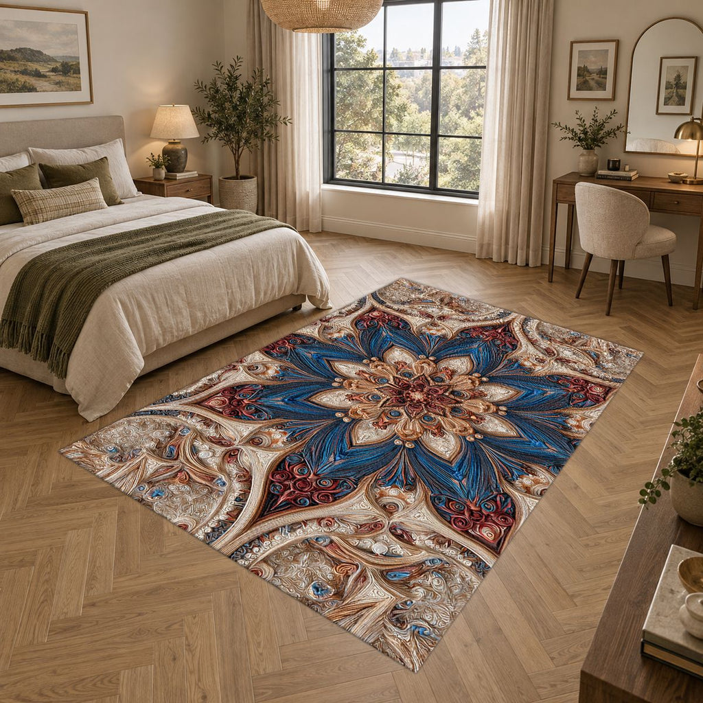 Blue and Blush Star Medallion printed area rug