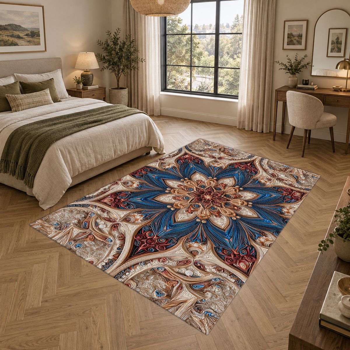 Blue and Blush Star Medallion printed area rug