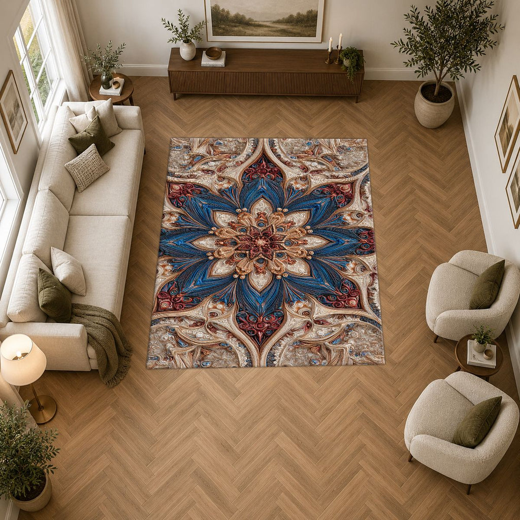 Blue and Blush Star Medallion printed area rug