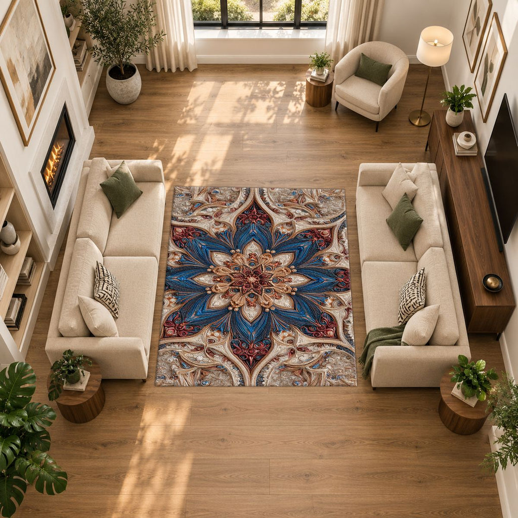 Blue and Blush Star Medallion printed area rug