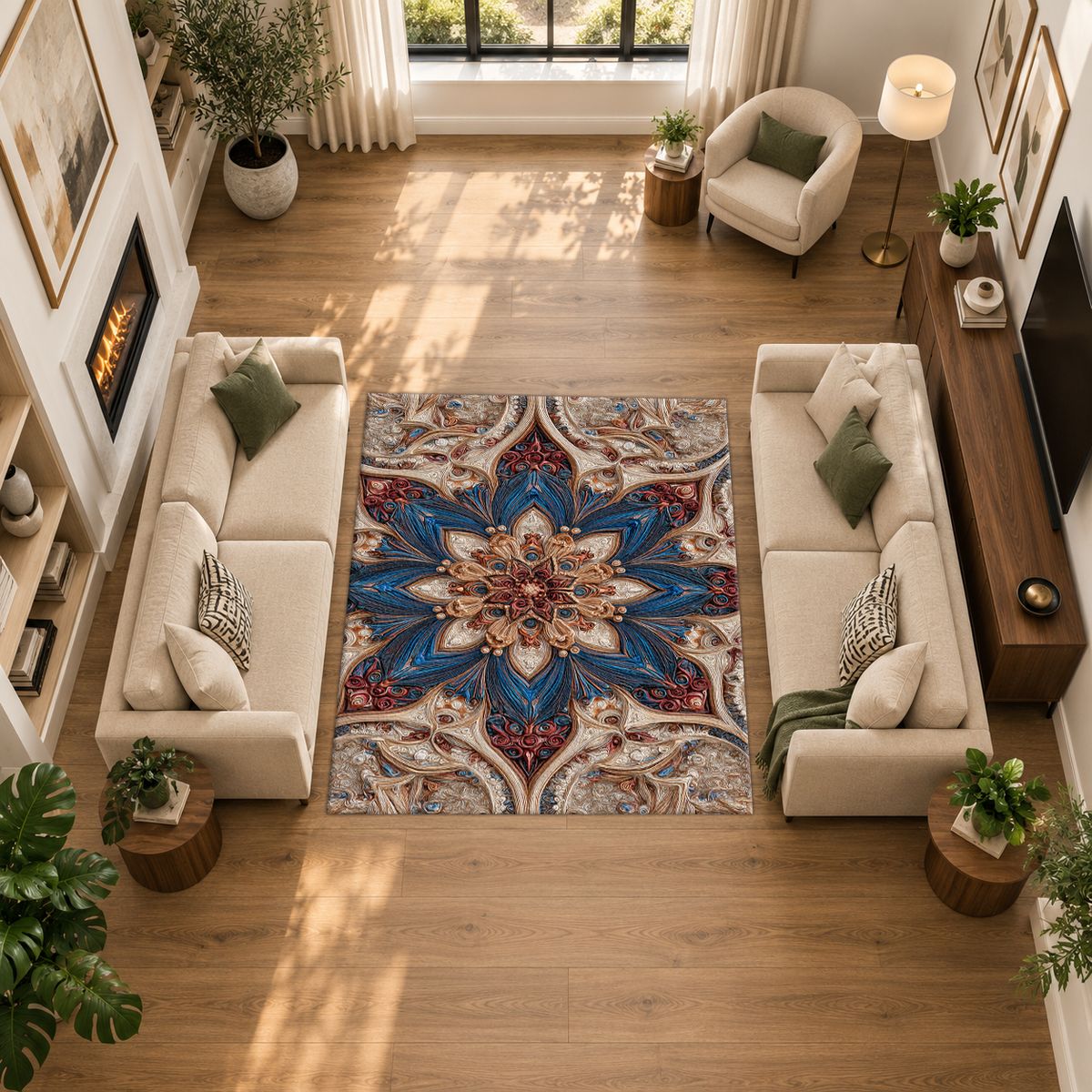 Blue and Blush Star Medallion printed area rug