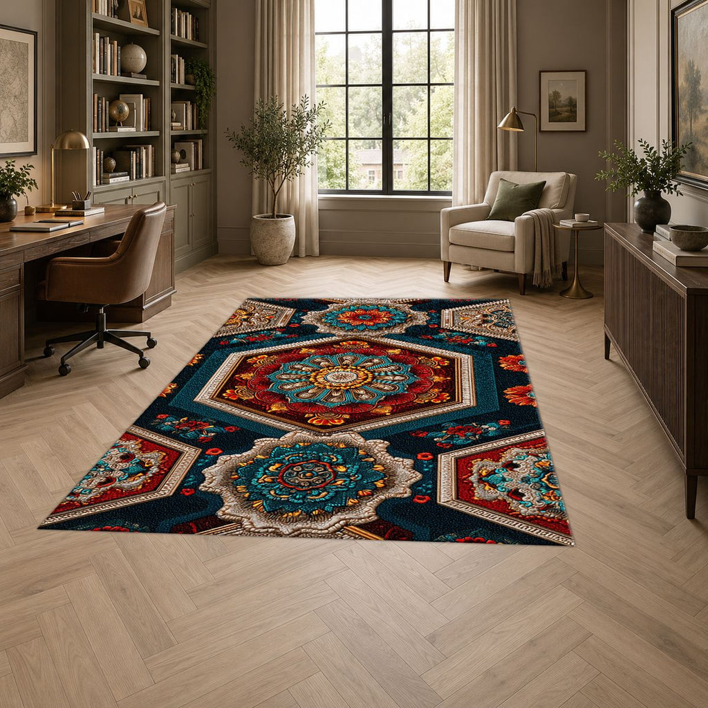 Navy Hexagon Mandala Mosaic printed area rug