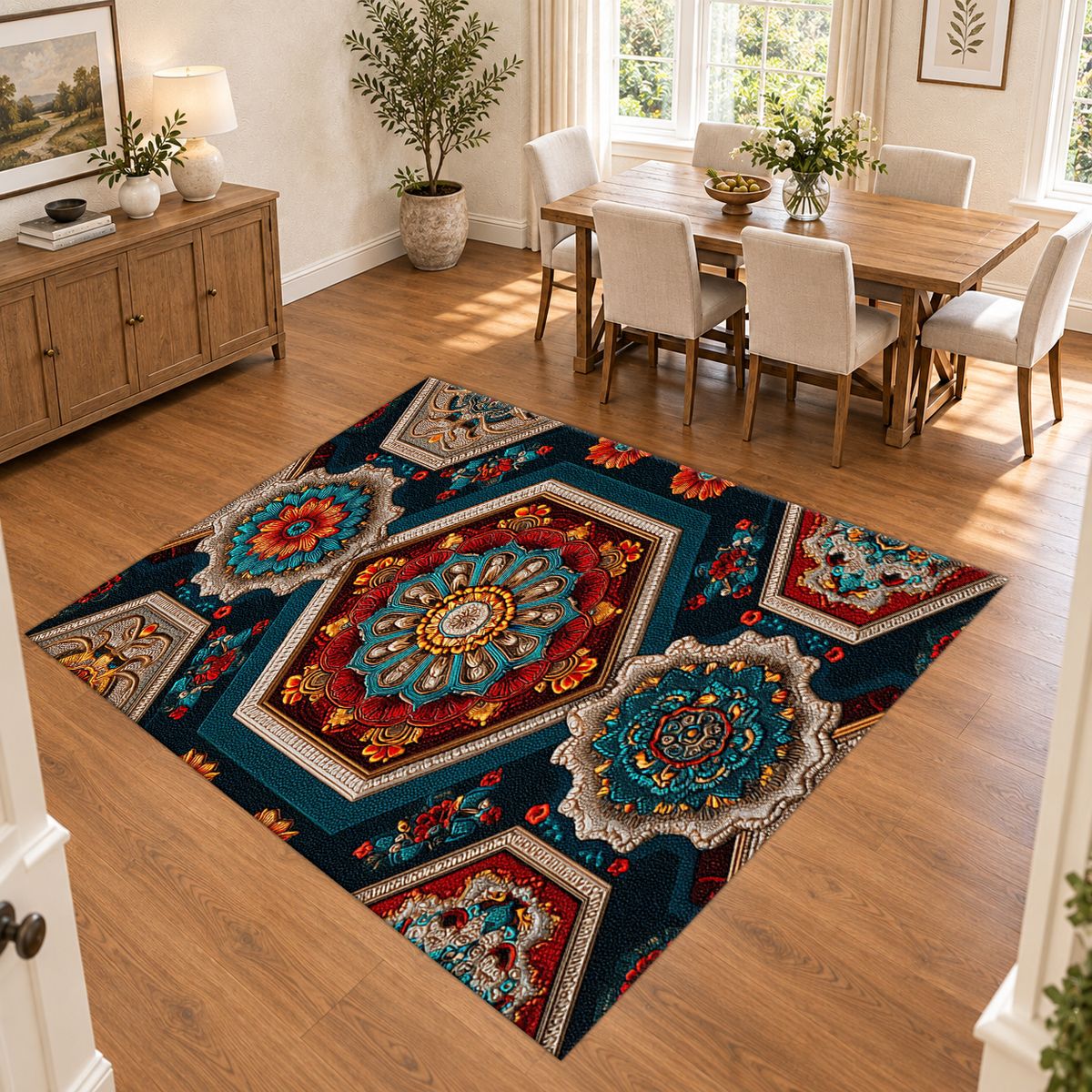 Navy Hexagon Mandala Mosaic printed area rug