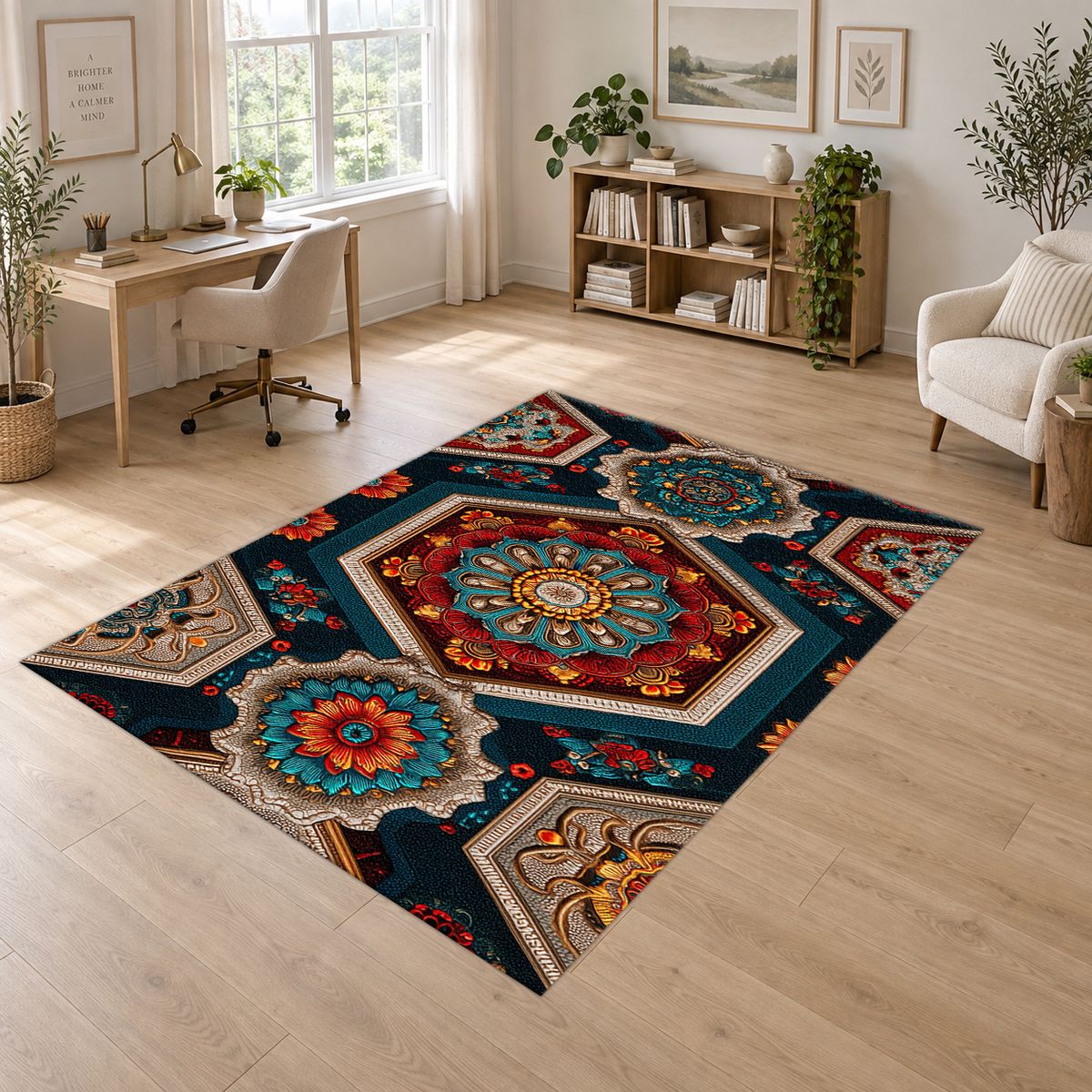 Navy Hexagon Mandala Mosaic printed area rug