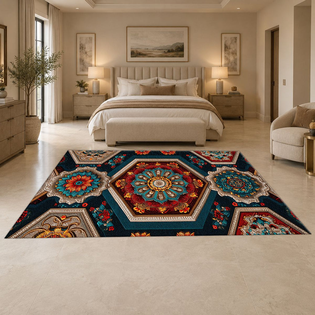 Navy Hexagon Mandala Mosaic printed area rug