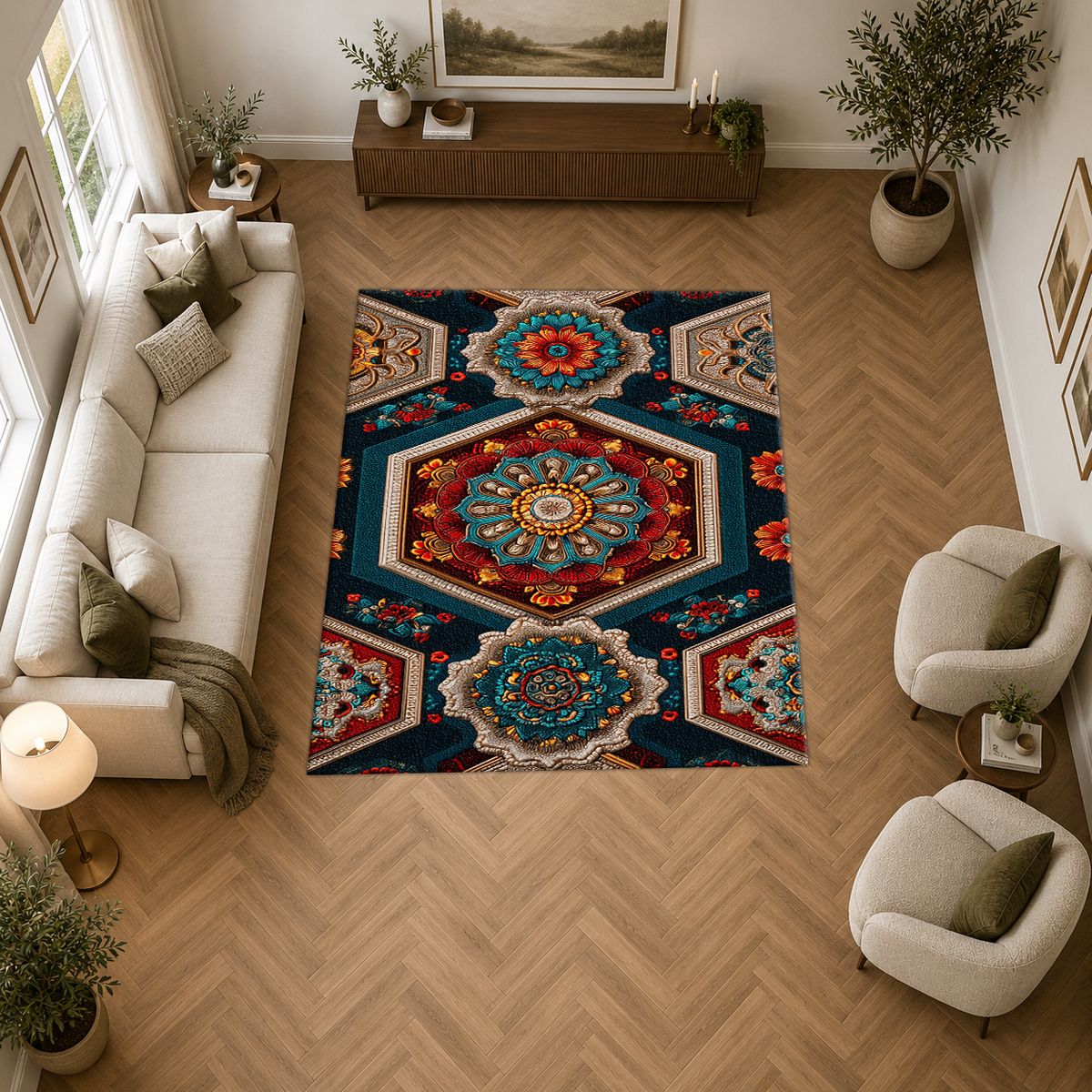 Navy Hexagon Mandala Mosaic printed area rug