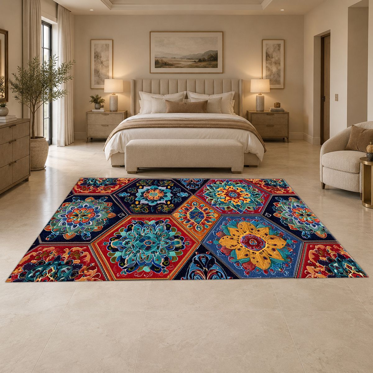 Vibrant Hexagon Mandala Mosaic printed area rug
