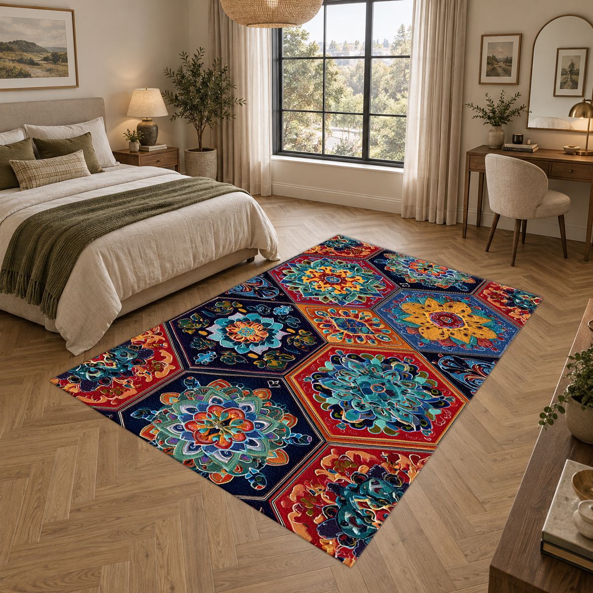 Vibrant Hexagon Mandala Mosaic printed area rug