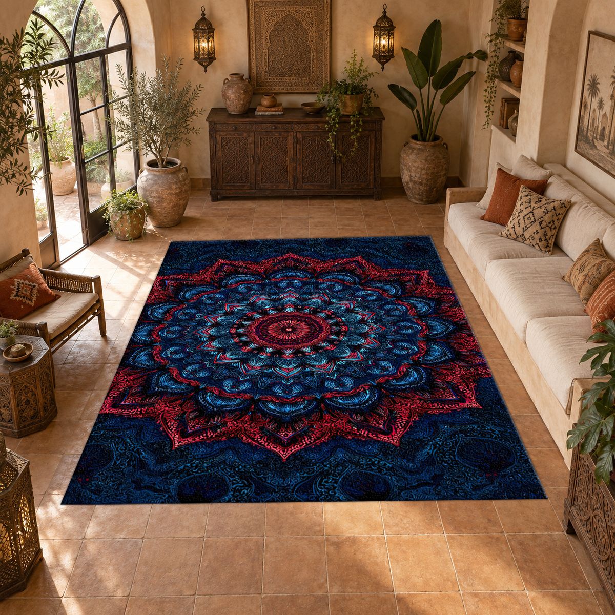 Navy and Red Ornate Mandala printed area rug
