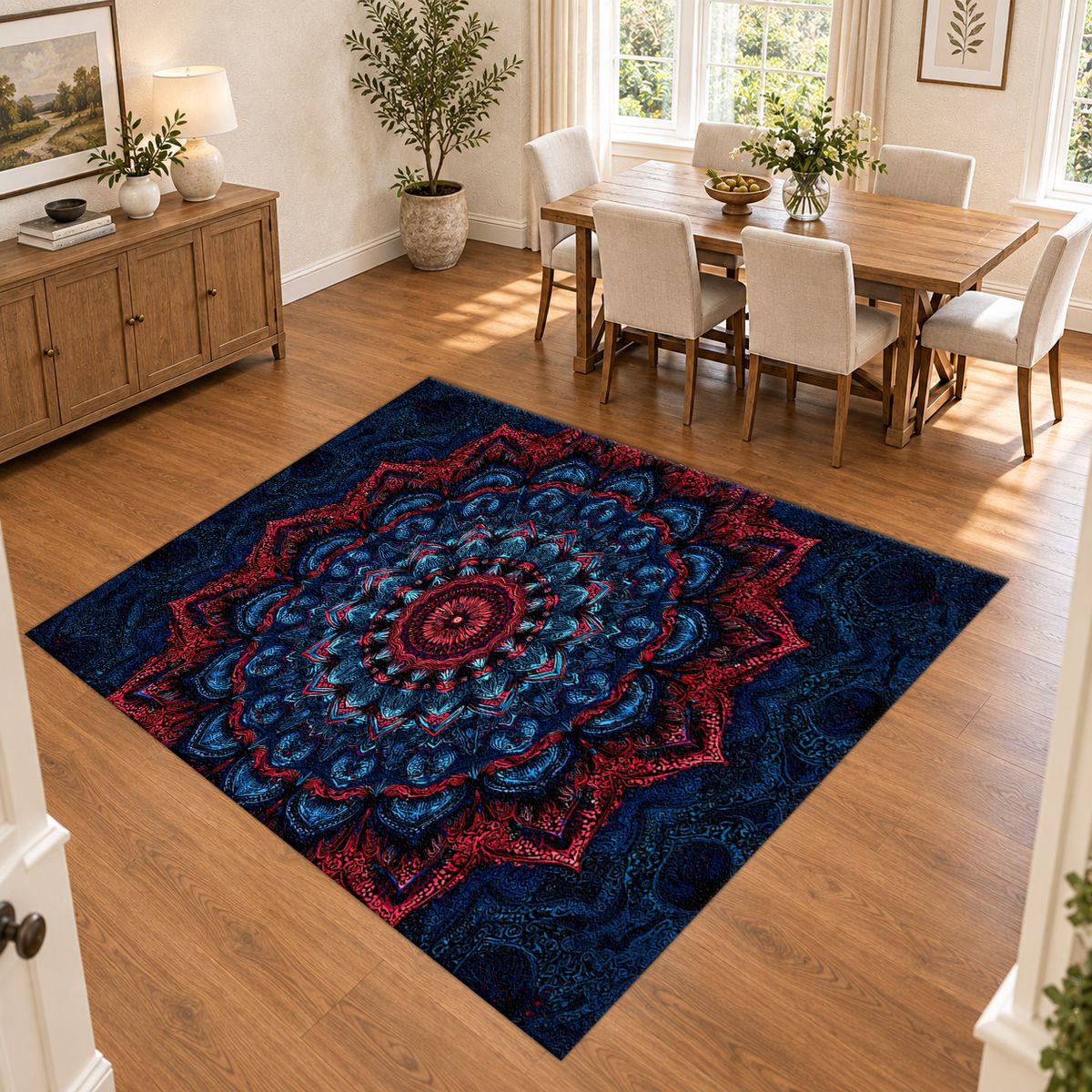 Navy and Red Ornate Mandala printed area rug