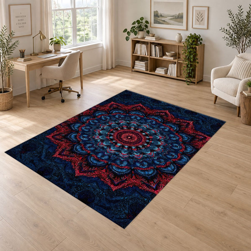 Navy and Red Ornate Mandala printed area rug