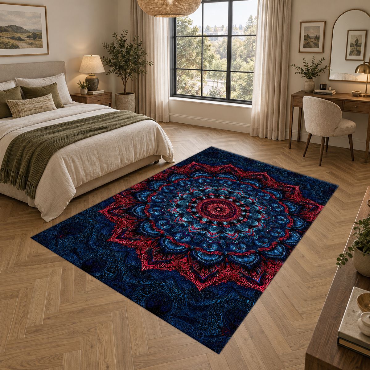 Navy and Red Ornate Mandala printed area rug
