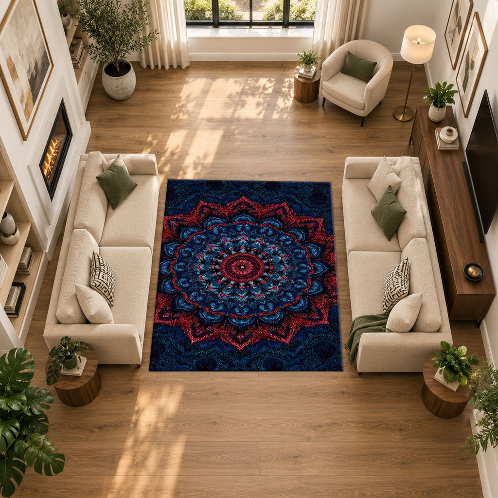Navy and Red Ornate Mandala printed area rug