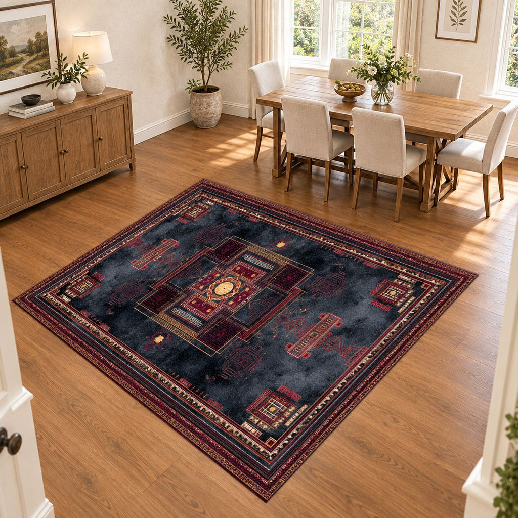 Charcoal and Burgundy Tribal Medallion printed area rug