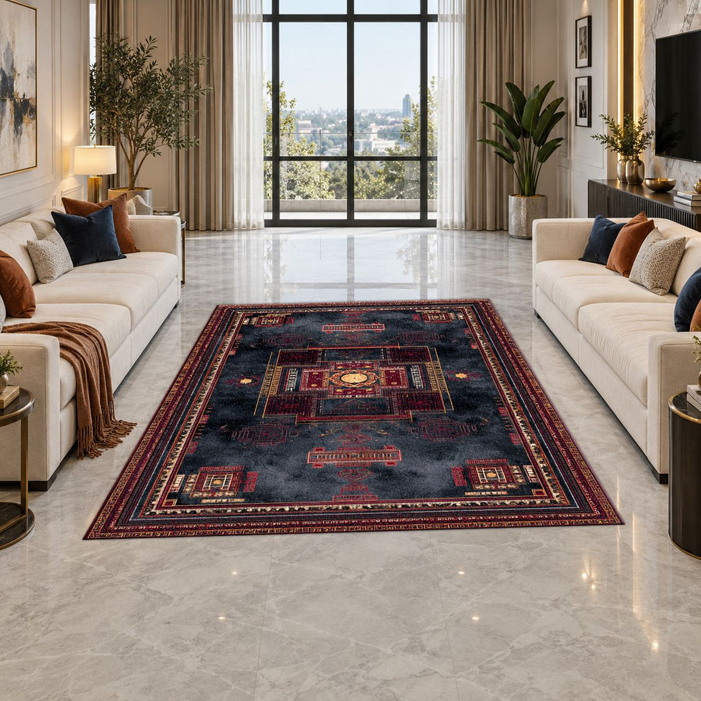 Charcoal and Burgundy Tribal Medallion printed area rug